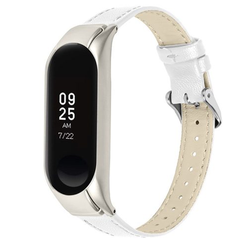 For Xiaomi Mi Band 7 Genuine Cowhide Leather Watch Band Adjustable Wrist Strap with Silver Watch Case - White