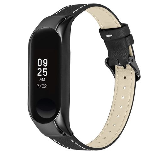 For Xiaomi Mi Band 7 Genuine Cowhide Leather Watch Strap Replacement Watchband with Black Watch Case - Black