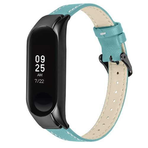 For Xiaomi Mi Band 7 Genuine Cowhide Leather Watch Strap Replacement Watchband with Black Watch Case - Blue