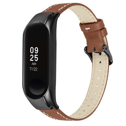 For Xiaomi Mi Band 7 Genuine Cowhide Leather Watch Strap Replacement Watchband with Black Watch Case - Brown