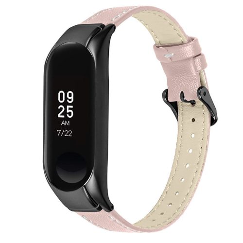 For Xiaomi Mi Band 7 Genuine Cowhide Leather Watch Strap Replacement Watchband with Black Watch Case - Pink