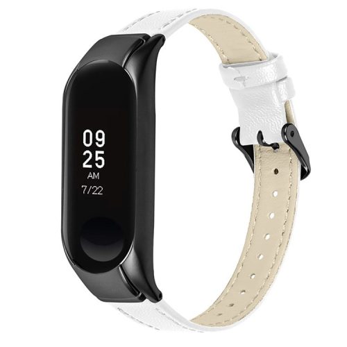 For Xiaomi Mi Band 7 Genuine Cowhide Leather Watch Strap Replacement Watchband with Black Watch Case - White