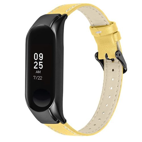 For Xiaomi Mi Band 7 Genuine Cowhide Leather Watch Strap Replacement Watchband with Black Watch Case - Yellow