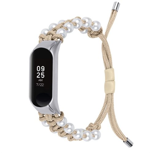 For Xiaomi Mi Band 7 Pearl Woven Watch Band Adjustable Nylon Stylish Wrist Strap Replacement - Apricot