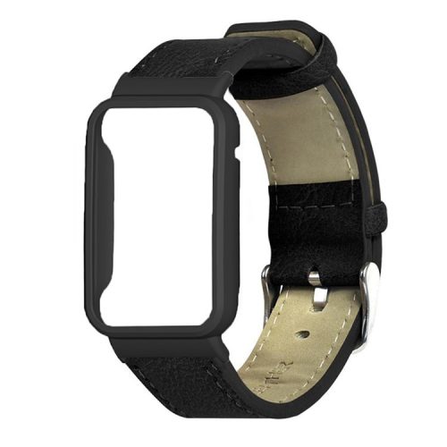 For Xiaomi Mi Band 7 Pro Genuine Leather Watch Band Replacement Wrist Strap with Watch Case Cover - Black