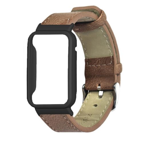 For Xiaomi Mi Band 7 Pro Genuine Leather Watch Band Replacement Wrist Strap with Watch Case Cover - Brown