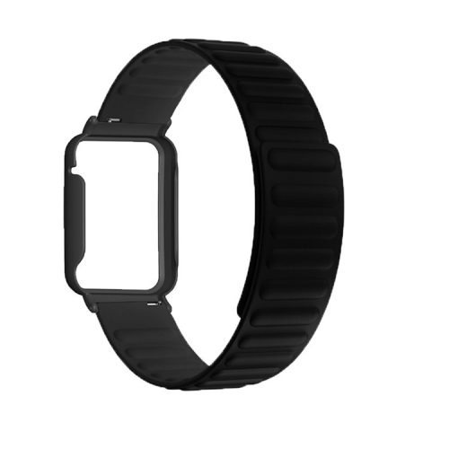 For Xiaomi Mi Band 7 Pro Silicone Magnetic Watch Band Quick Release Wrist Strap with Watch Case Cover - Black