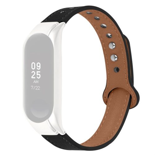 For Xiaomi Mi Band 7 Replacement Strap Top Layer Cowhide Adjustable Wrist Band with Double Rivet, Silver Watch Case - Black