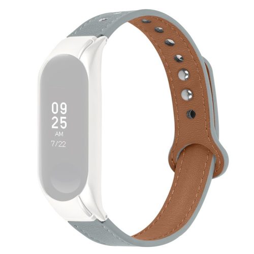 For Xiaomi Mi Band 7 Replacement Strap Top Layer Cowhide Adjustable Wrist Band with Double Rivet, Silver Watch Case - Grey