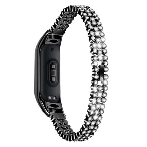 For Xiaomi Mi Band 7 Rhinestones Decor Replacement Strap Stainless Steel Round Beads Smart Watch Wristband - Black