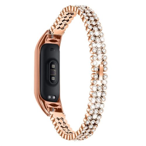 For Xiaomi Mi Band 7 Rhinestones Decor Replacement Strap Stainless Steel Round Beads Smart Watch Wristband - Rose Gold