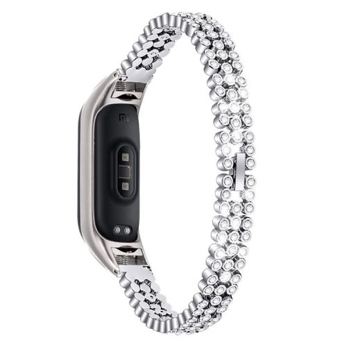 For Xiaomi Mi Band 7 Rhinestones Decor Replacement Strap Stainless Steel Round Beads Smart Watch Wristband - Silver