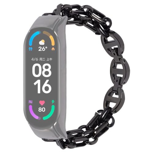 For Xiaomi Mi Band 7 Stainless Steel Hollow-out Bracelet Smart Watch Band Replacement Wrist Strap - Black