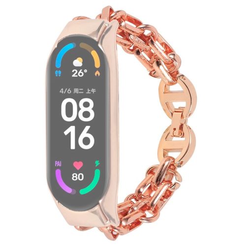 For Xiaomi Mi Band 7 Stainless Steel Hollow-out Bracelet Smart Watch Band Replacement Wrist Strap - Rose Gold