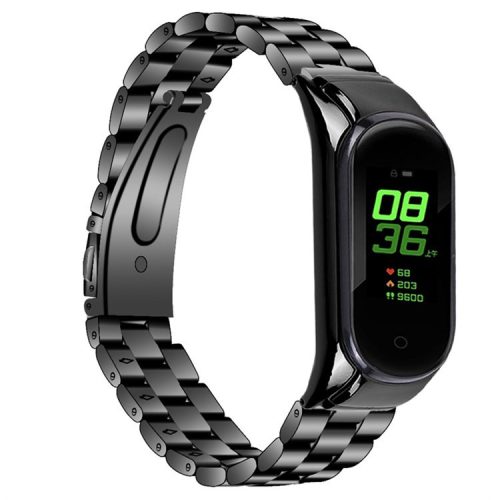 For Xiaomi Mi Band 7 Stainless Steel Three-bead Wrist Strap Replacement Watch Band with Foldable Buckle - Black