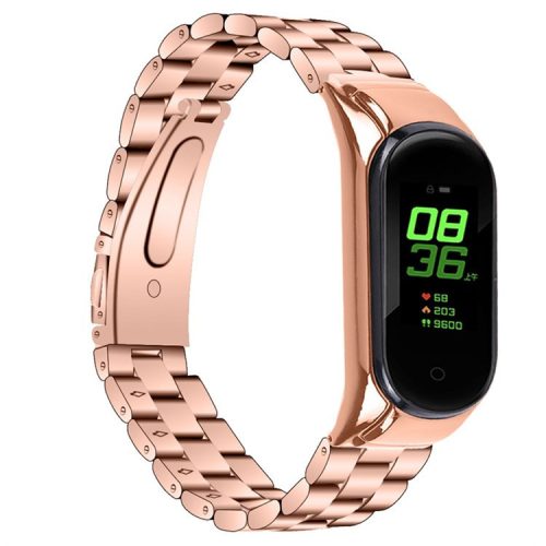 For Xiaomi Mi Band 7 Stainless Steel Three-bead Wrist Strap Replacement Watch Band with Foldable Buckle - Rose Gold