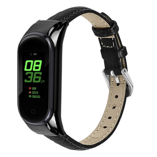 For Xiaomi Mi Band 7 Top Layer Cowhide Leather Bamboo Grain Watch Band with Anti-fall Black Watch Cover - Black