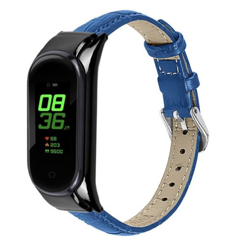 For Xiaomi Mi Band 7 Top Layer Cowhide Leather Bamboo Grain Watch Band with Anti-fall Black Watch Cover - Blue