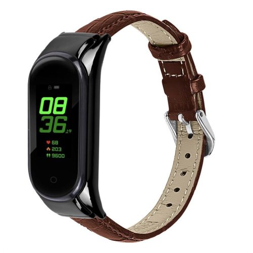 For Xiaomi Mi Band 7 Top Layer Cowhide Leather Bamboo Grain Watch Band with Anti-fall Black Watch Cover - Brown