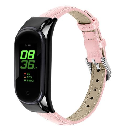 For Xiaomi Mi Band 7 Top Layer Cowhide Leather Bamboo Grain Watch Band with Anti-fall Black Watch Cover - Pink