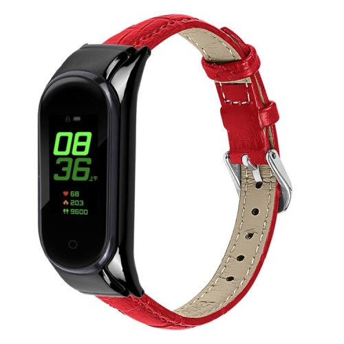 For Xiaomi Mi Band 7 Top Layer Cowhide Leather Bamboo Grain Watch Band with Anti-fall Black Watch Cover - Red