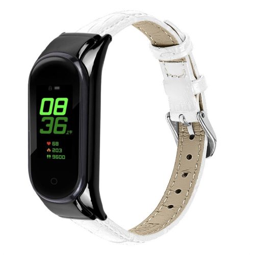 For Xiaomi Mi Band 7 Top Layer Cowhide Leather Bamboo Grain Watch Band with Anti-fall Black Watch Cover - White