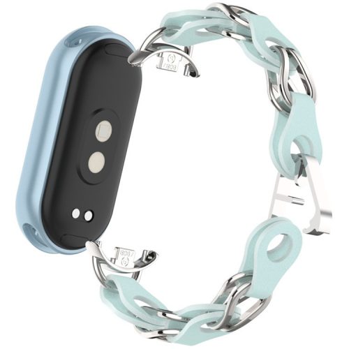 For Xiaomi Mi Band 9  /  Smart Band 8 Watch Band Fashion Hollow Out Zinc Alloy + Leather Chain Strap - Sky Blue