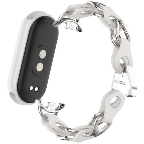 For Xiaomi Mi Band 9  /  Smart Band 8 Watch Band Fashion Hollow Out Zinc Alloy + Leather Chain Strap - White