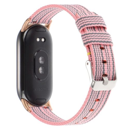 For Xiaomi Mi Band 9 NFC / Mi Band 9 / Smart Band 8 NFC / Smart Band 8 Nylon Watch Strap Adjustable Wrist Band Replacement - Pink+Grey Stripes