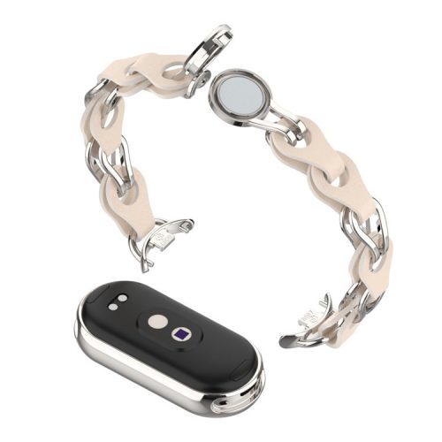 For Xiaomi Mi Band 9 NFC / Mi Band 9 / Smart Band 8 NFC / Smart Band 8 Watch Band Genuine Cow Leather+Aluminum Alloy Chain Bracelet - Starlight