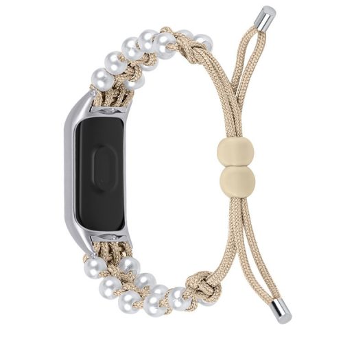 For Xiaomi Mi Band 9 NFC / Mi Band 9 / Smart Band 8 NFC / Smart Band 8 Watch Band Pearl Decor Nylon Braided Wrist Strap - Apricot