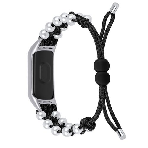 For Xiaomi Mi Band 9 NFC / Mi Band 9 / Smart Band 8 NFC / Smart Band 8 Watch Band Pearl Decor Nylon Braided Wrist Strap - Black