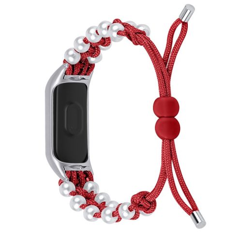 For Xiaomi Mi Band 9 NFC / Mi Band 9 / Smart Band 8 NFC / Smart Band 8 Watch Band Pearl Decor Nylon Braided Wrist Strap - Red