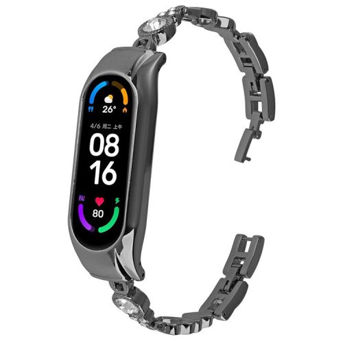 For Xiaomi Mi Band 9 NFC / Mi Band 9 / Smart Band 8 NFC / Smart Band 8 Watch Bracelet Rhinestones Decor Metal Strap Replacement - Black