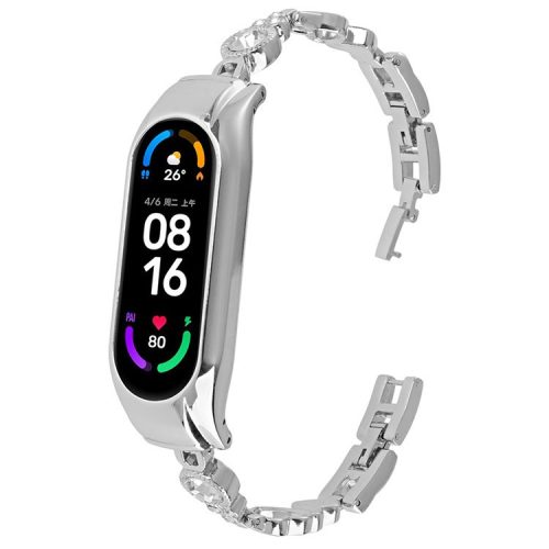 For Xiaomi Mi Band 9 NFC / Mi Band 9 / Smart Band 8 NFC / Smart Band 8 Watch Bracelet Rhinestones Decor Metal Strap Replacement - Silver