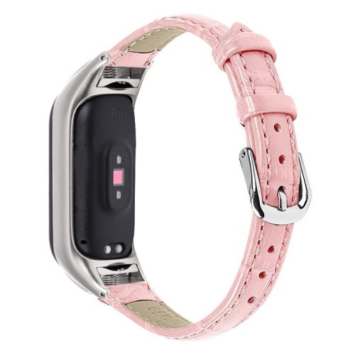 For Xiaomi Mi Band 9 NFC / Mi Band 9 / Smart Band 8 NFC / Smart Band 8 Wrist Strap Crocodile Texture Top Layer Cowhide Leather Watch Band - Pink