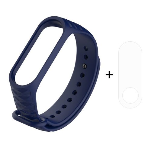 For Xiaomi Mi Smart Band 4 / Mi Band 3 3D Diamond Texture Adjustable Soft Silicone Watch Band Strap + Full Covering TPU Screen Film - Blue