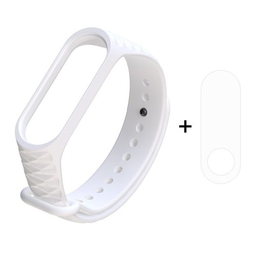 For Xiaomi Mi Smart Band 4 / Mi Band 3 3D Diamond Texture Adjustable Soft Silicone Wrist Watch Band + Full Covering TPU Screen Film - White