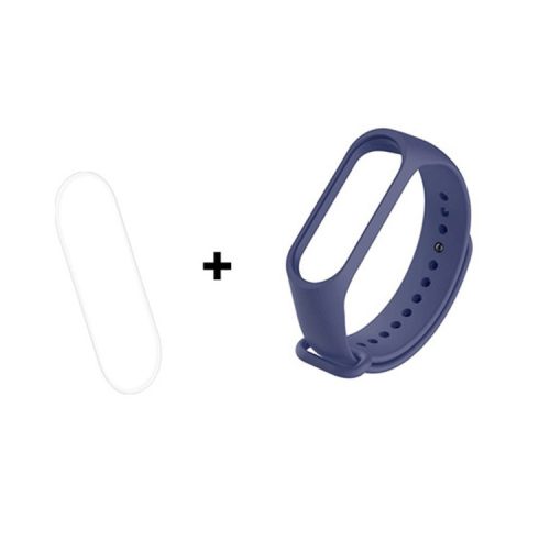 For Xiaomi Mi Smart Band 4 / Mi Band 3 Adjustable Soft Silicone Watch Band Strap + Full Covering Soft TPU Screen Film - Dark Blue