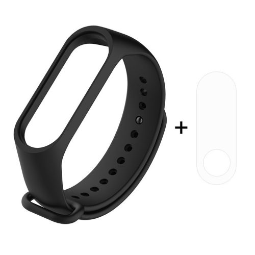 For Xiaomi Mi Smart Band 4 / Mi Band 3 Adjustable Soft Silicone Wrist Watch Strap + Full Covering TPU Screen Protector - Black