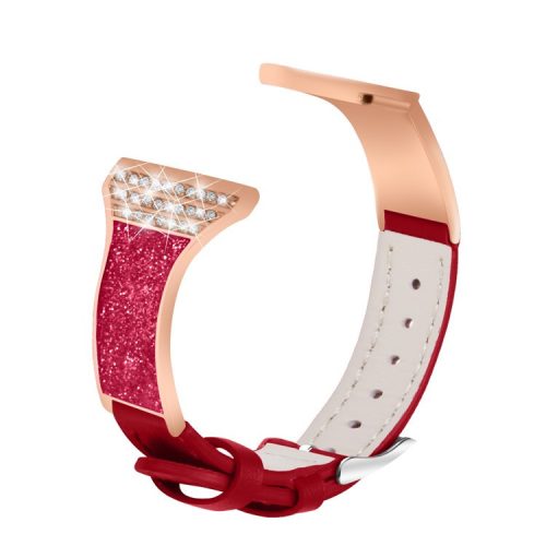 For Xiaomi Mi Watch Color/Haylou Solar LS05 Ceramic+Genuine Leather Rhinestones Decor Watchband Replacement Wrist Strap - Red