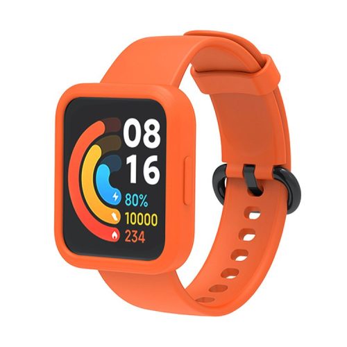 For Xiaomi Redmi Watch 2/Redmi Watch 2 Lite Solid Color Silicone Watch Band Strap + Drop-proof Watch Case - Orange/Black/Orange