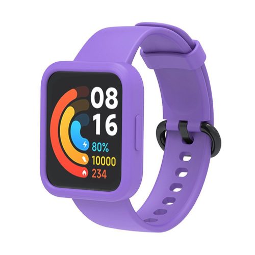 For Xiaomi Redmi Watch 2/Redmi Watch 2 Lite Solid Color Silicone Watch Band Strap + Drop-proof Watch Case - Purple/Black/Purple