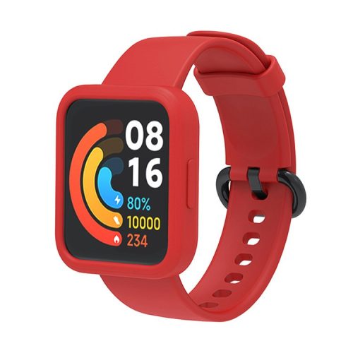 For Xiaomi Redmi Watch 2/Redmi Watch 2 Lite Solid Color Silicone Watch Band Strap + Drop-proof Watch Case - Red/Black/Red