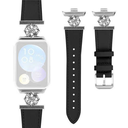 For Xiaomi Redmi Watch 4 Watch Band Genuine Cow Leather Flower Decor Adjustable Strap - Black