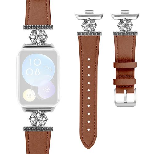 For Xiaomi Redmi Watch 4 Watch Band Genuine Cow Leather Flower Decor Adjustable Strap - Brown