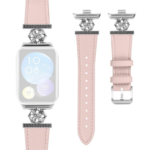 For Xiaomi Redmi Watch 4 Watch Band Genuine Cow Leather Flower Decor Adjustable Strap - Pink