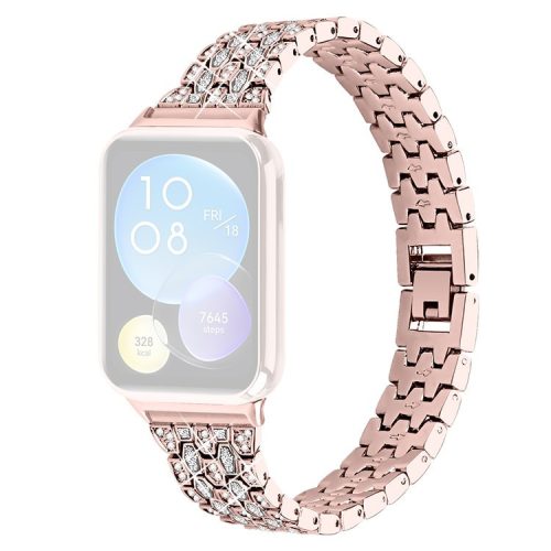 For Xiaomi Smart Band 8 Pro 3 Rows Rhinestone Zinc Alloy Watch Band Women Replacement Strap - Pink Gold+Transparent