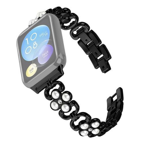 Wholesale Watch Strap for Xiaomi Smart Band 8 Pro Pearl Decor Four Leaf Clover Stainless Steel Band - Black