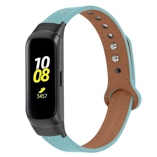 For Samsung Galaxy Fit SM-R370 Soft Top Layer Cowhide Watch Strap Double Rivet Design Wrist Band, Black Connector - Blue